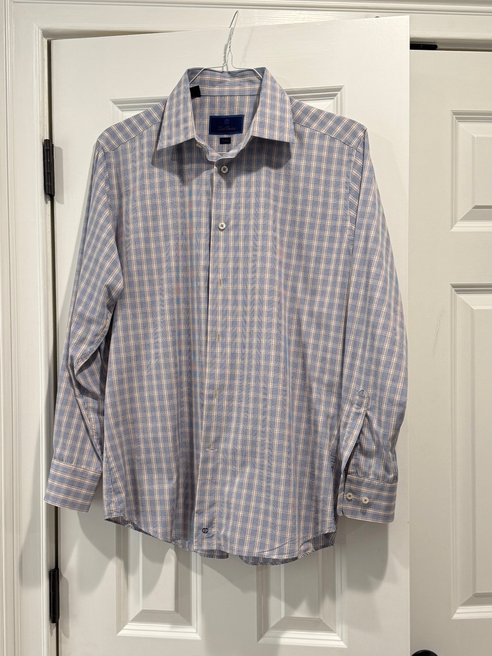 David Donahue - Men's Blue Check Dress Shirt - Collared Button-Up 16x 32/33 trim